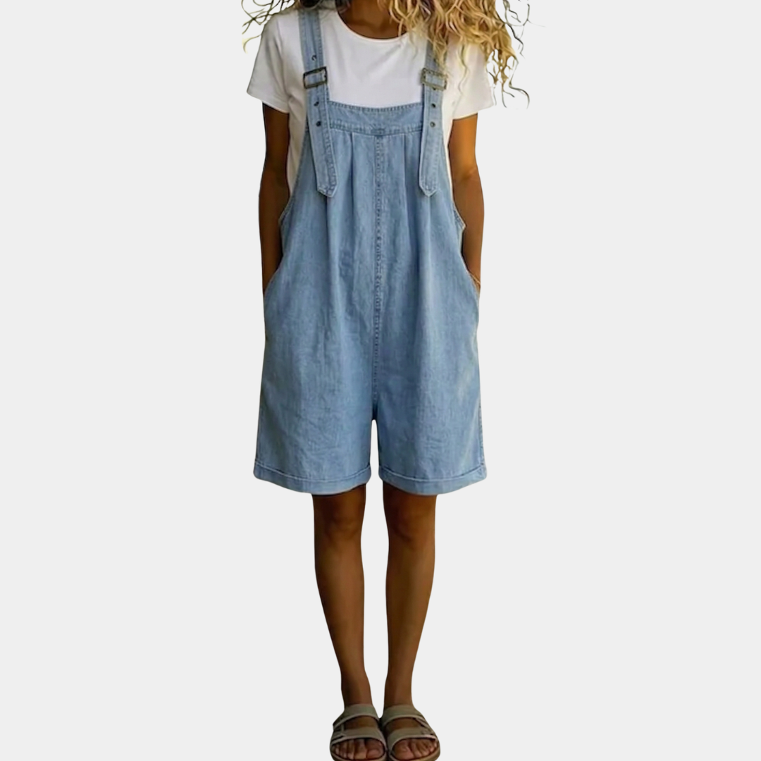 Klára - Krátký laclový overal ze světlého denimu
