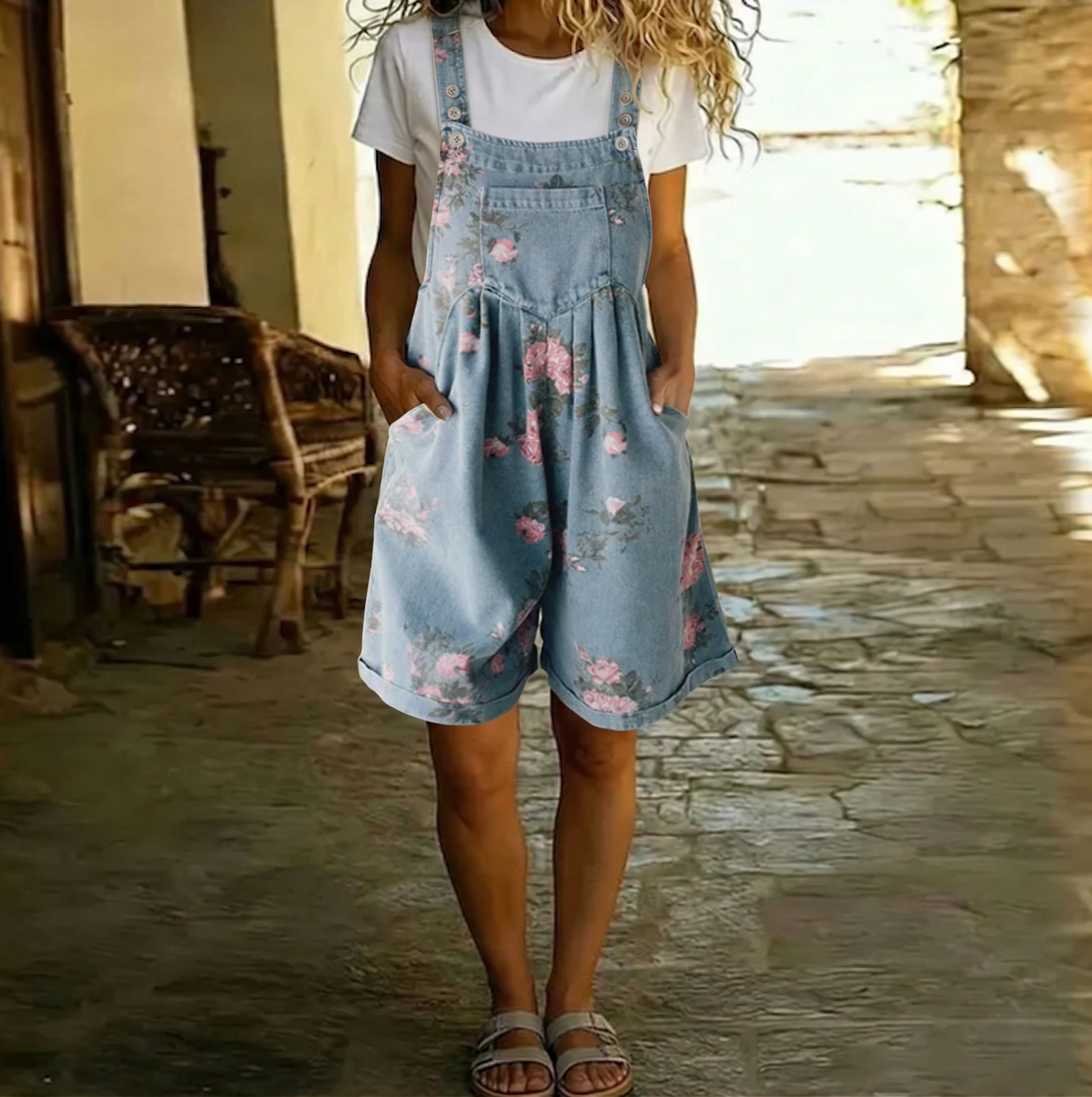 Judita - Vintage overal z opraného květovaného denimu