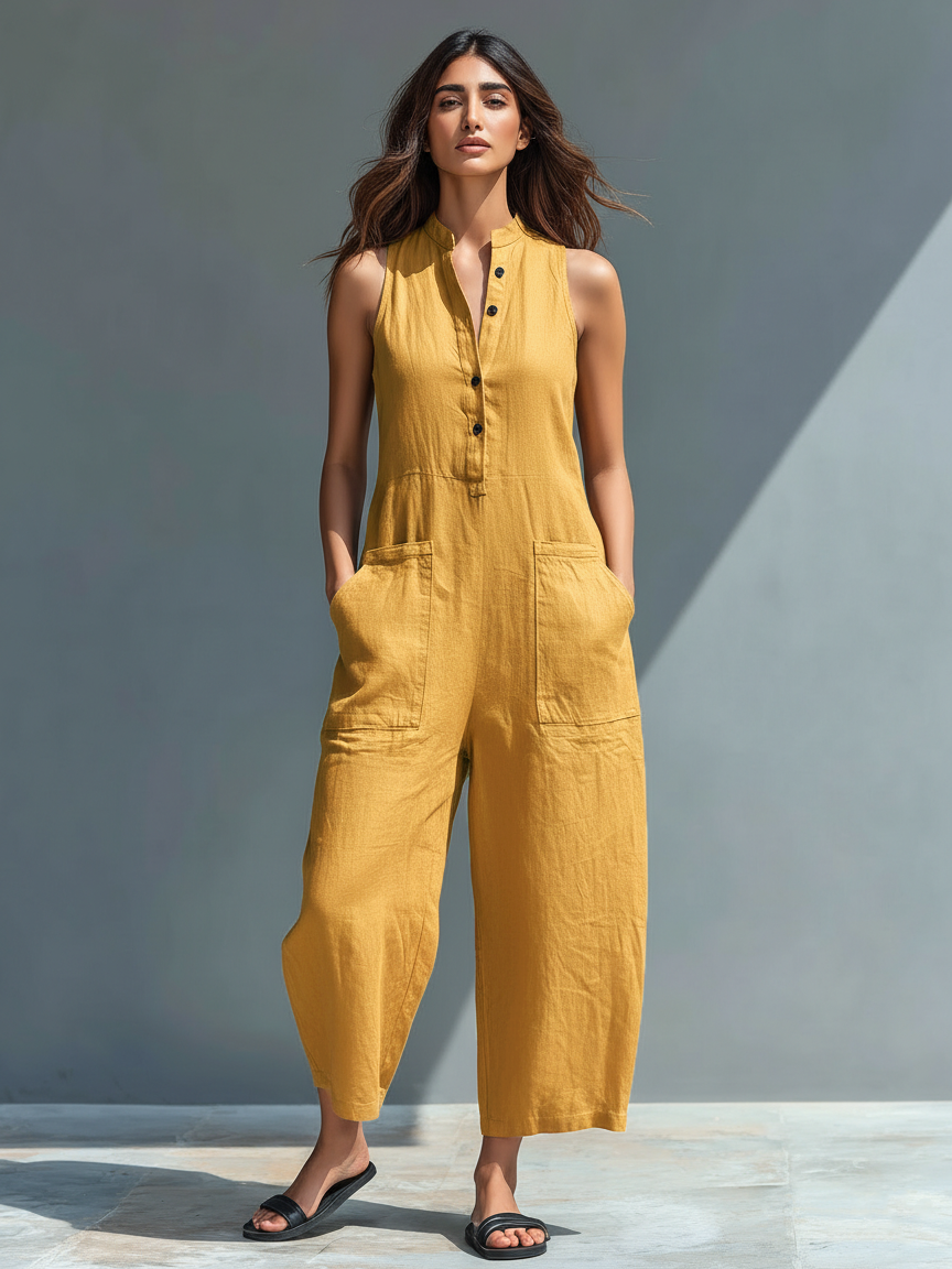 Simona | Minimalistický overal bez rukávů ze směsi lnu