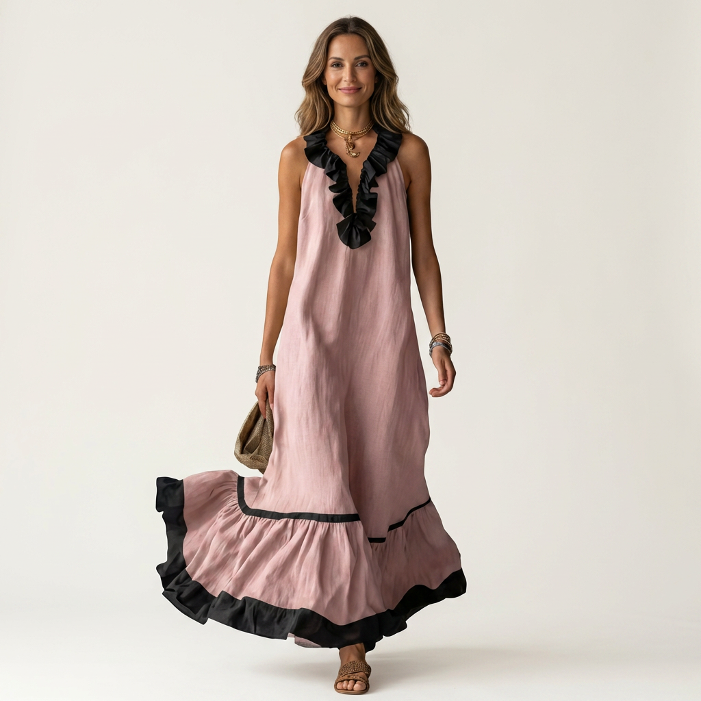 Magdalena - Dlouhé maxi šaty s volánem a kontrastním lemem